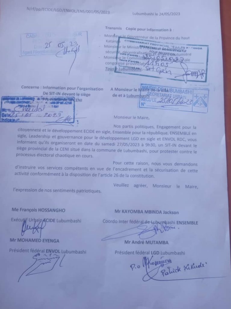 Lubumbashi : les 4 partis de l&rsquo;opposition organisent un sit-in ce samedi devant la CENI