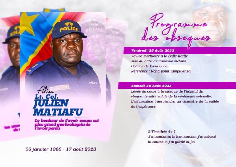 Le programme des obsèques du Lieutenant-colonel Matiafu Mololo Julien se présente de la manière suivante
