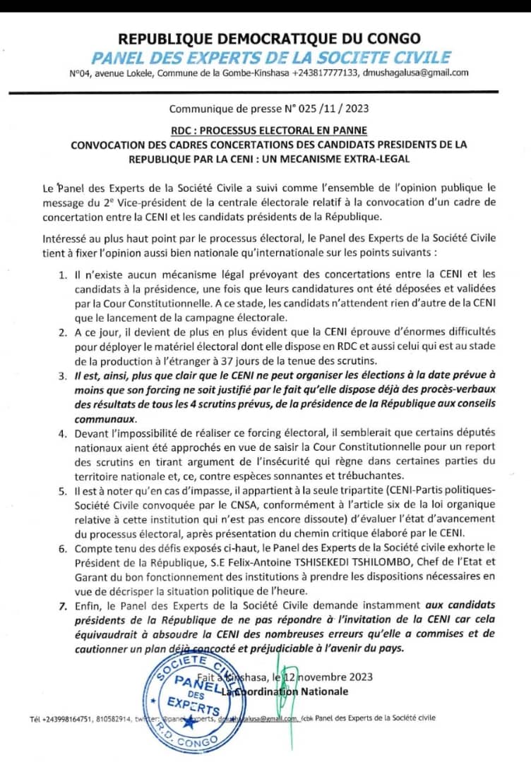 Cadres de concertations entre la CENI et les candidats Présidents : « Un mécanisme extra-légal » (panel des experts de la société civile)