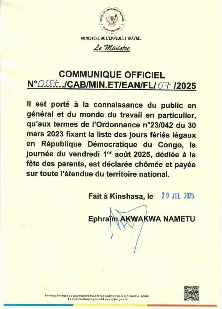 RDC : Le 1er août 2025 déclaré jour chômé et payé sur toute l’étendue du territoire