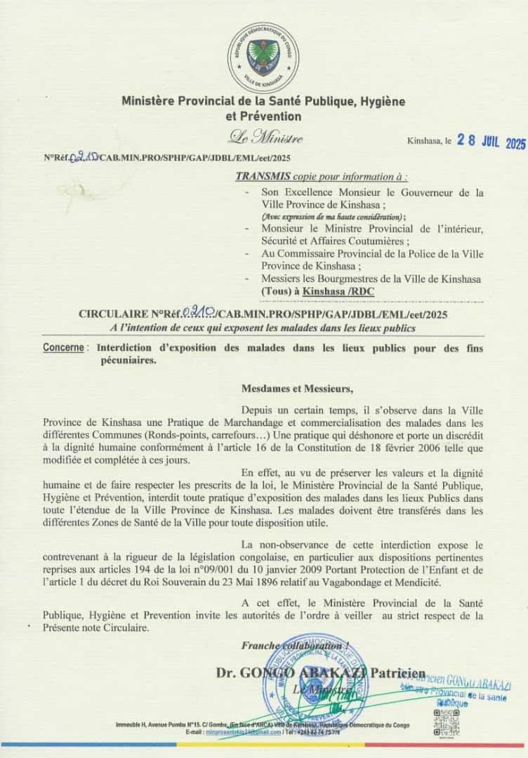 Kinshasa : Le ministre de la Santé a interdit la mendicité des malades dans les rues