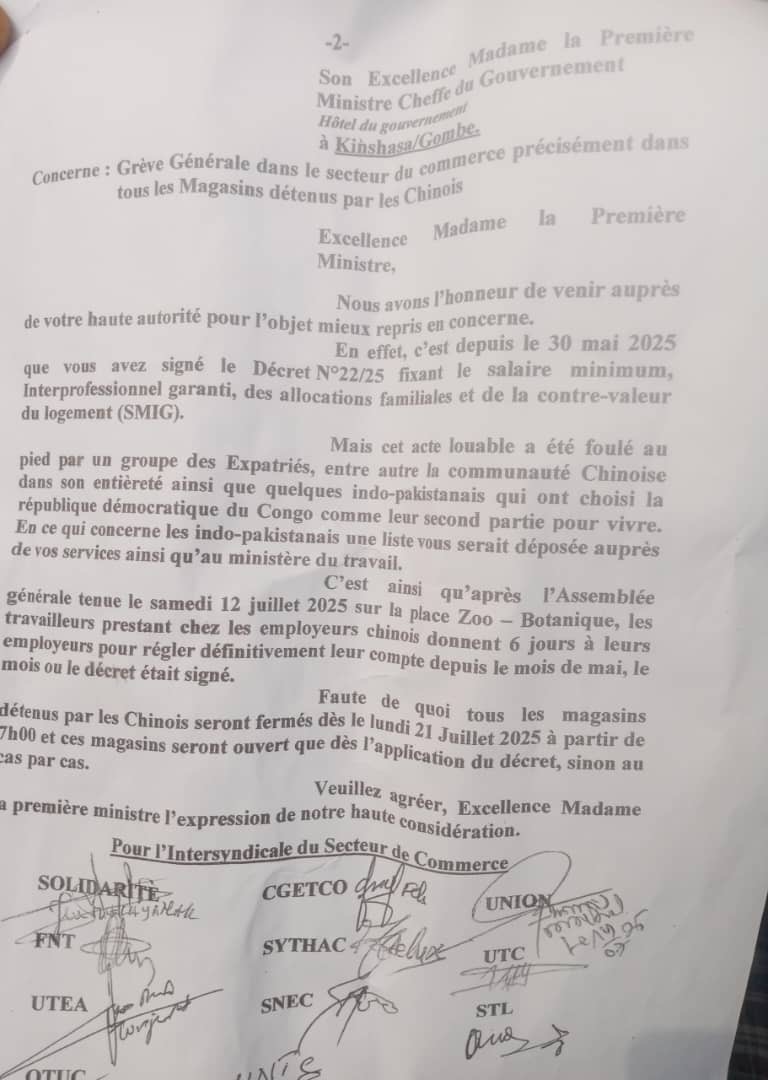 RDC : Six jours aux employeurs chinois pour appliquer le SMIG, selon l’intersyndicale du commerce