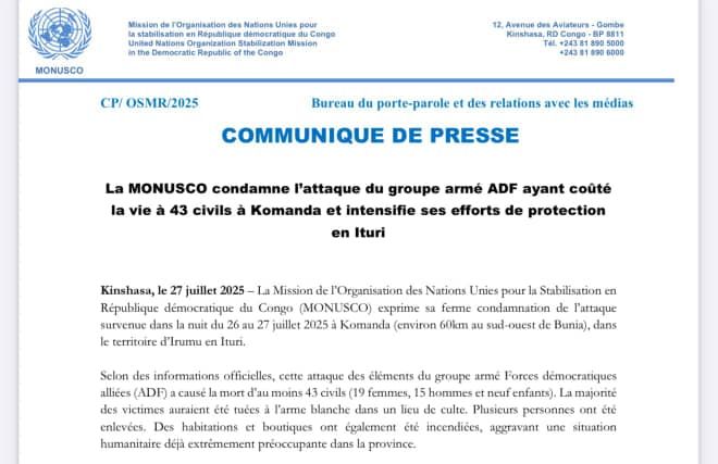 Ituri : Plus de 40 civils tués à Komanda, la MONUSCO demande une enquête rapide