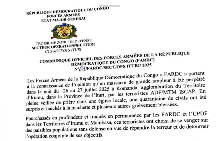 Ituri : les FARDC déterminées à traquer les auteurs du massacre de Komanda