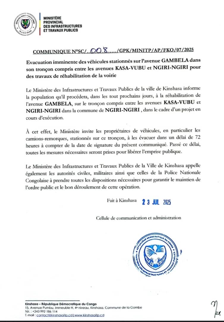 Kinshasa : évacuation imminente des véhicules sur l’avenue Gambela pour travaux de réhabilitation