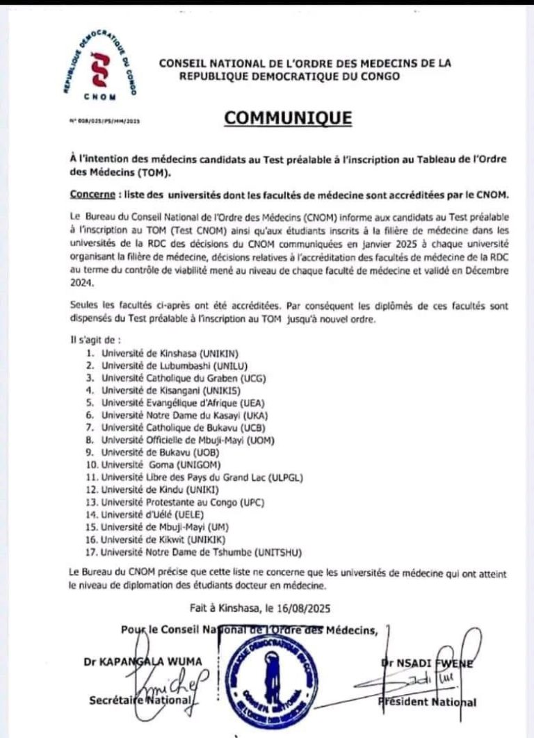 RDC : Le Conseil de l&rsquo;Ordre des médecins publie la liste des universités accréditées