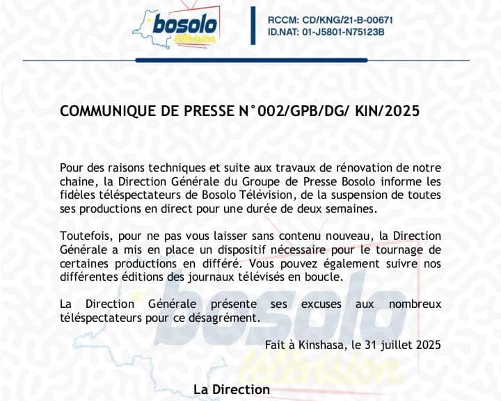 Kinshasa : Bosolo Télévision suspend ses productions en direct pour raisons techniques