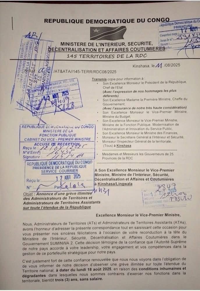 RDC : Début d’une grève illimitée des administrateurs de territoires