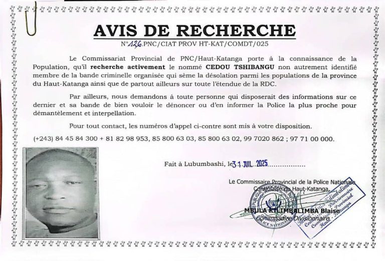 Haut-Katanga : Deux présumés criminels recherchés par la Police