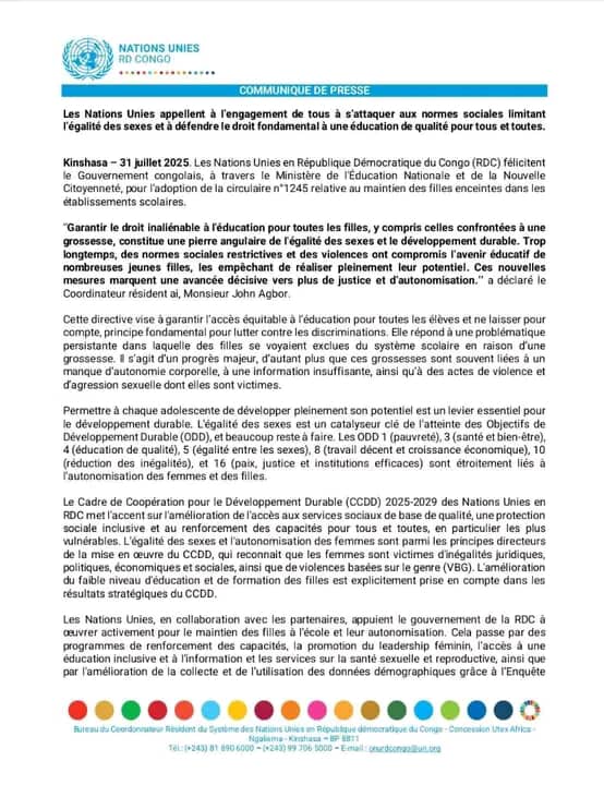 RDC : L’ONU salue la décision de maintenir les filles enceintes à l’école