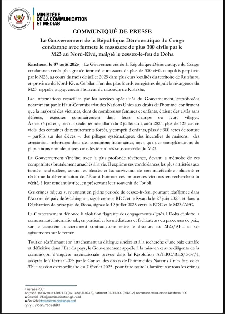 RDC : Plus de 300 civils massacrés à Rutshuru, le gouvernement dénonce une atrocité du M23
