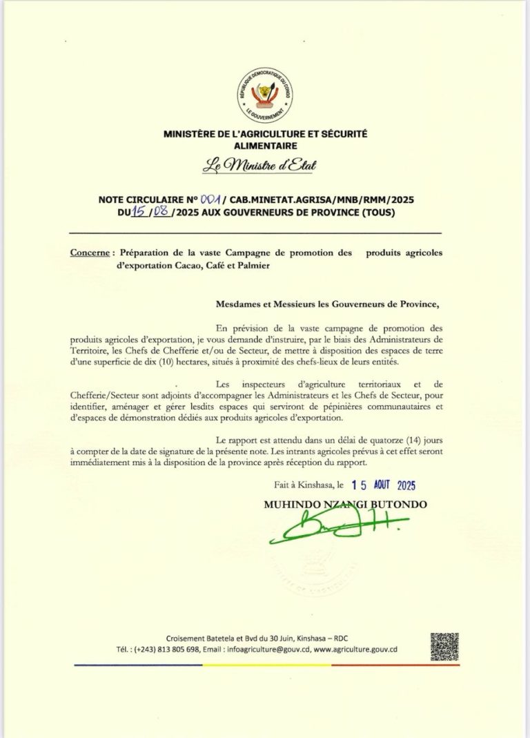 RDC : Le gouvernement lance une campagne nationale pour le cacao, le café et le palmier