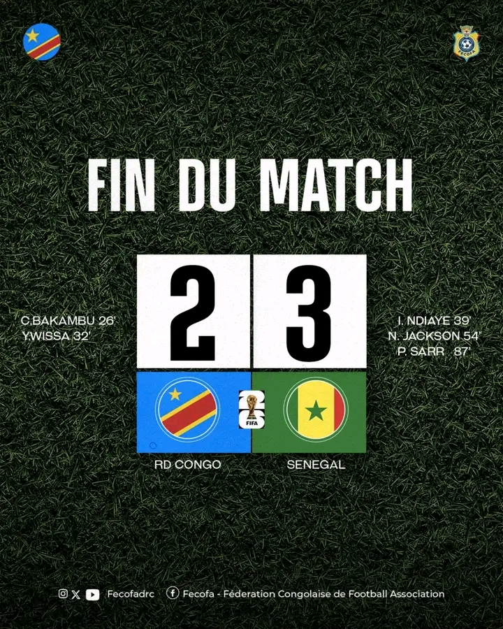 Qualifications Coupe du Monde 2026 : La RDC s&rsquo;incline 2-3 face au Sénégal dans un Stade des Martyrs en effervescence