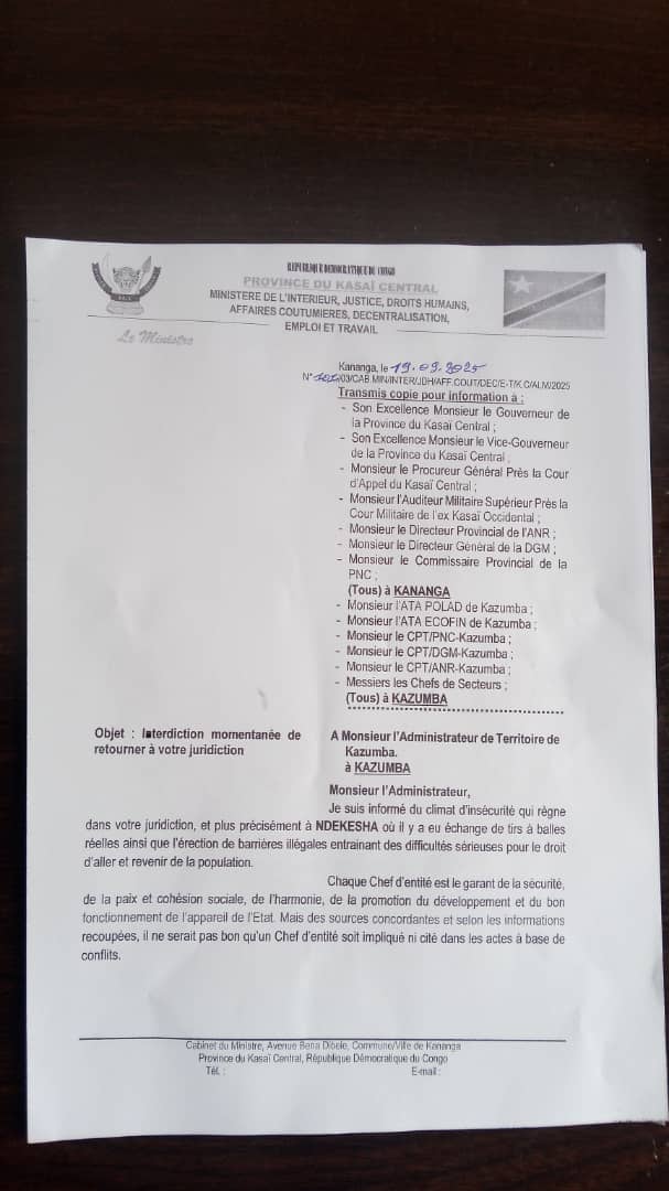 Kasaï-Central : L’administrateur de Kazumba interdit temporairement de regagner sa juridiction