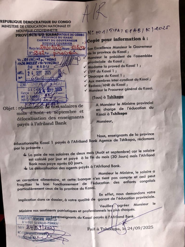 Éducation : Les enseignants du Kasaï 1 montent au créneau et exigent le paiement immédiat de leurs arriérés de deux mois