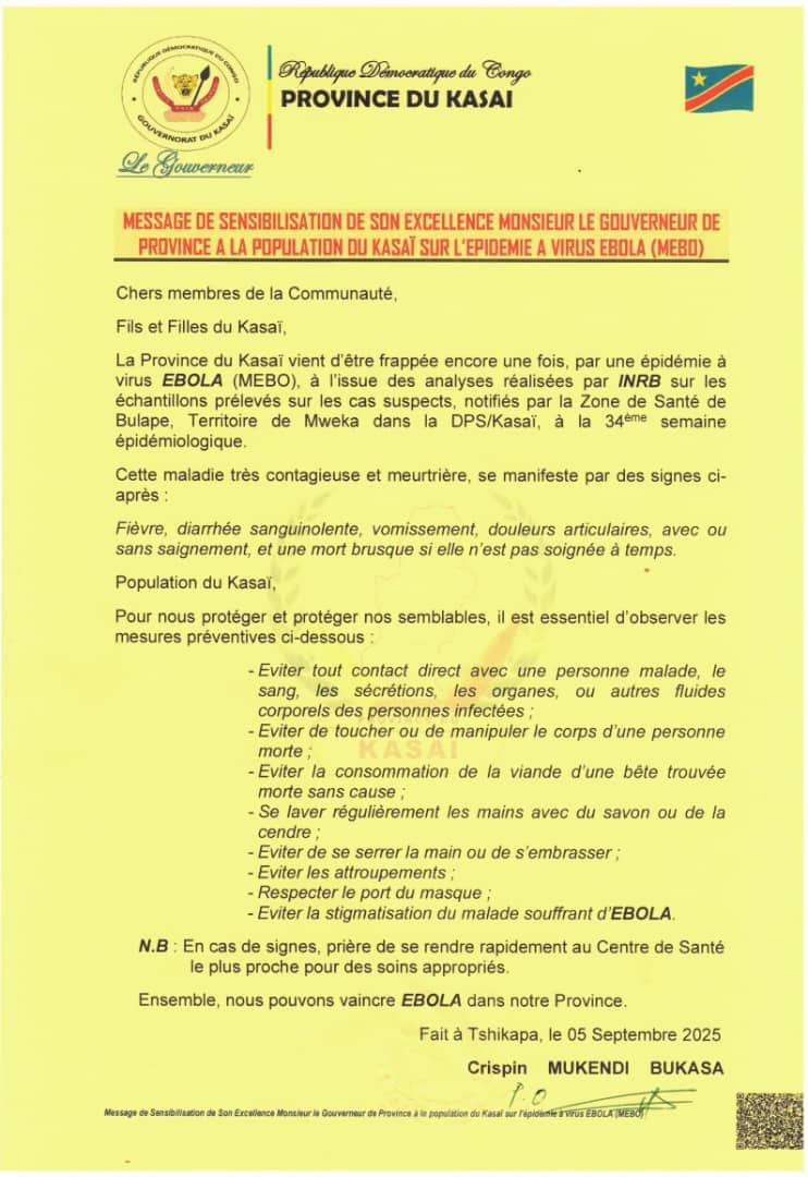 Kasaï : Le gouverneur Crispin Mukendi Bukasa appelle à la vigilance face à l’épidémie d’Ebola