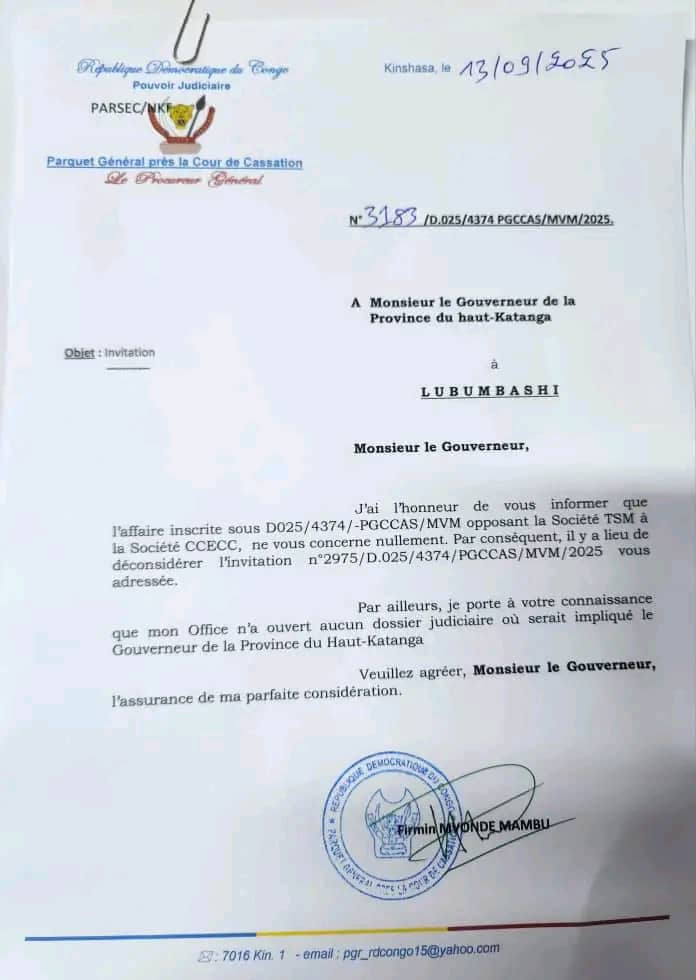 Haut-Katanga : Le Parquet Général dément toute convocation du gouverneur Martin Kazembe