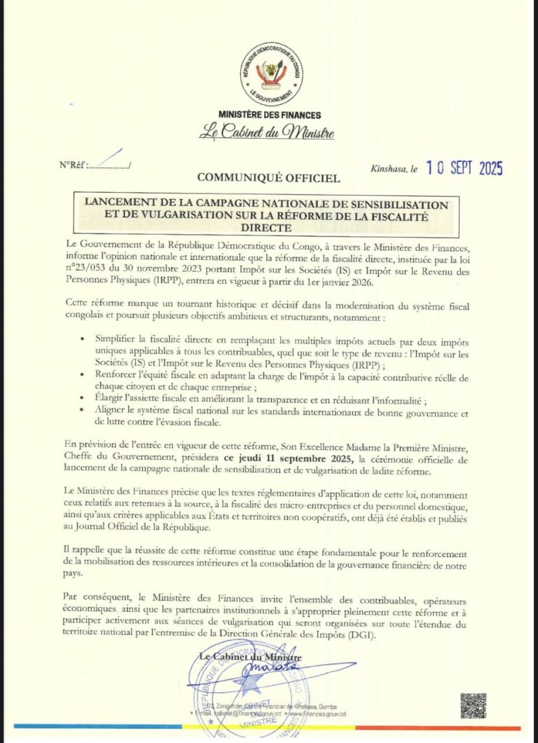 RDC : le gouvernement lance la vulgarisation de la réforme de la fiscalité directe