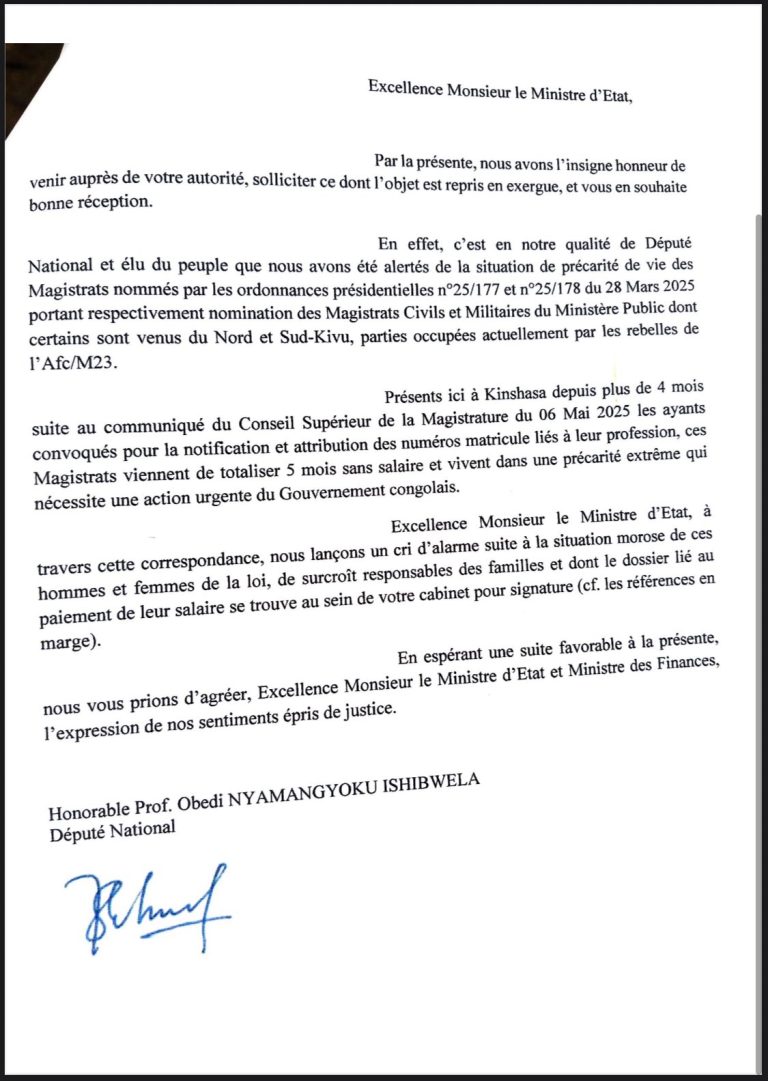 RDC : Obedi Nyamangyoku interpelle le ministre des Finances sur l’impaiement de 2 500 magistrats nommés par ordonnance présidentielle depuis 5 mois