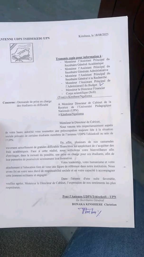 RDC : Une sollicitation inédite des étudiants de l’UDPS à la rectrice de l’UPN irrite l’opinion