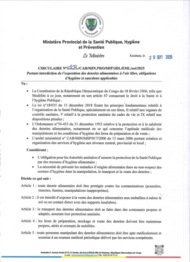 Kinshasa : Le ministre provincial de la Santé interdit l’exposition des denrées alimentaires à l’air libre