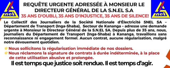 Kananga : les journaliers de la SNEL exigent leur régularisation après 35 ans de service sans contrat
