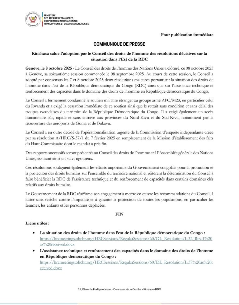 Kinshasa salue les résolutions du Conseil des droits de l’homme sur la situation dans l’Est de la RDC