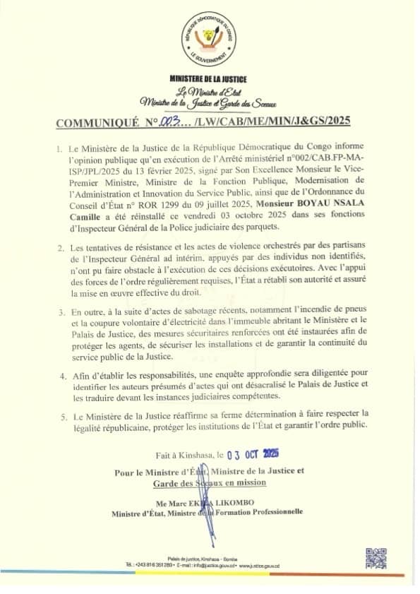 RDC : Exécution de l’ordonnance du Conseil d’État, Camille Boyau Nsala retrouve ses fonctions d’Inspecteur Général