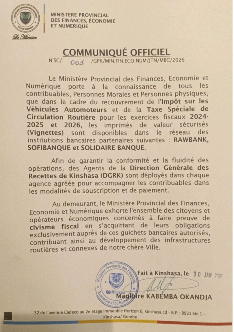 Kinshasa : Les vignettes automobiles 2024–2026 disponibles dans trois banques partenaires