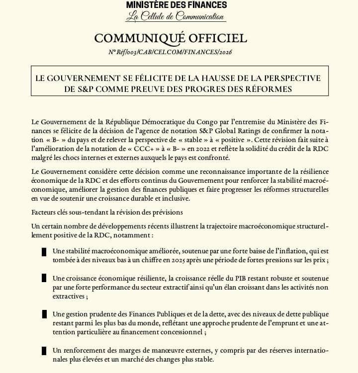 RDC : S&P maintient la notation B- et relève la perspective à positive