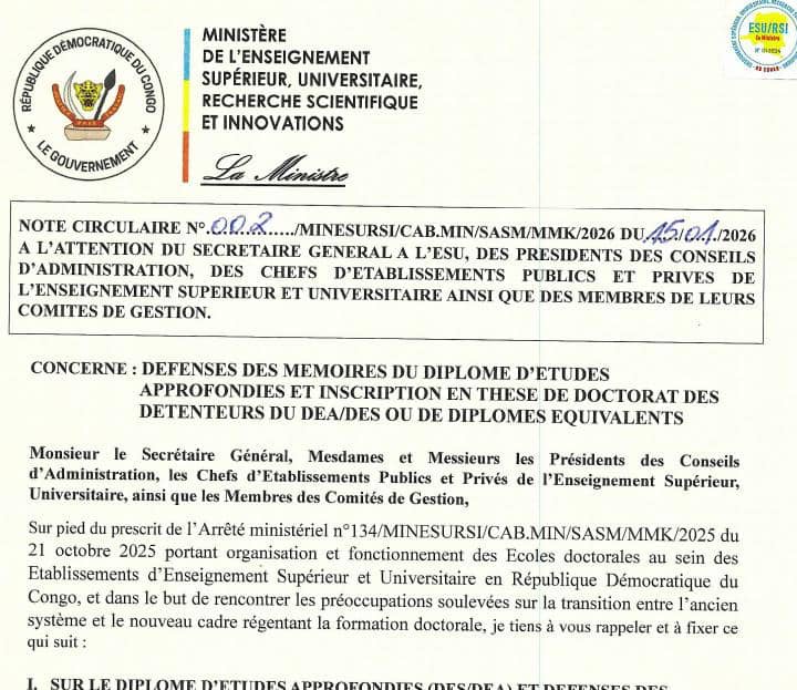 RDC : fin officielle du DES/DEA en juillet 2026 et nouvelles règles strictes pour l’accès au doctorat