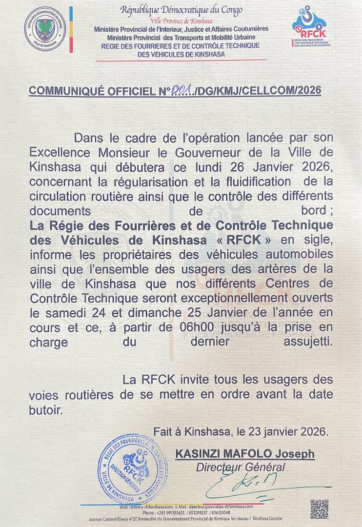 Kinshasa : La RFCK lance le contrôle technique des documents de bord des véhicules