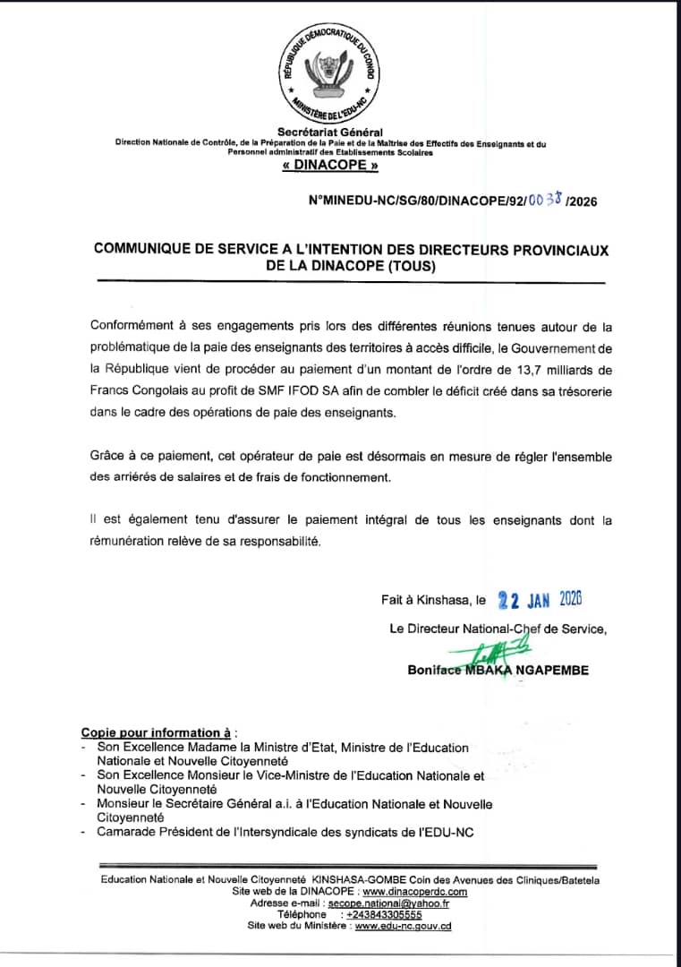 RDC : 13,7 milliards FC débloqués pour apurer les arriérés de paie des enseignants des zones enclavées