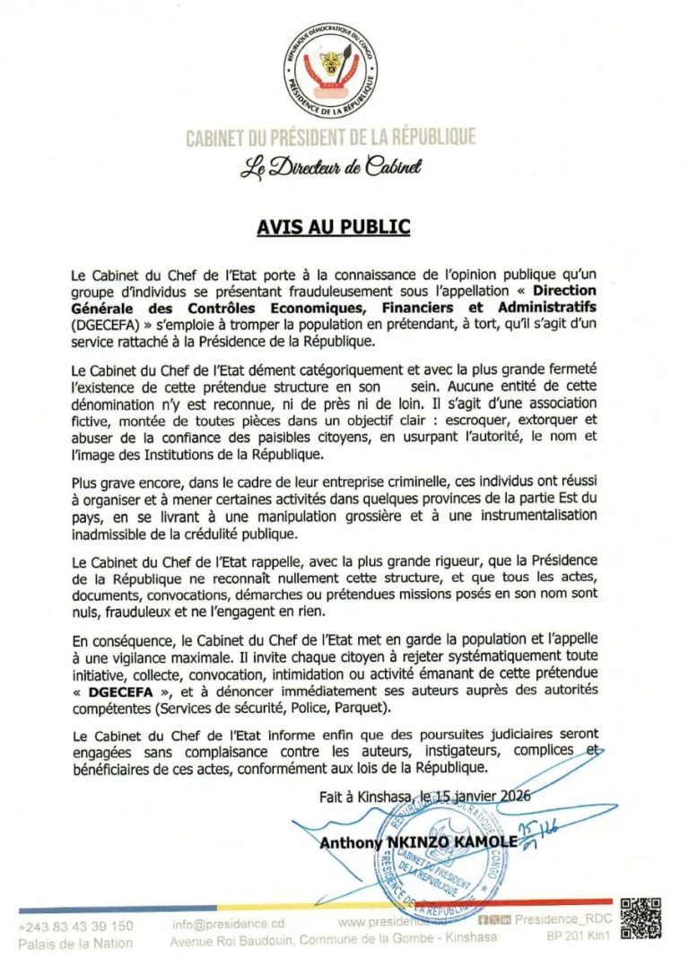 RDC : La Présidence met en garde contre une fausse structure de contrôle économique