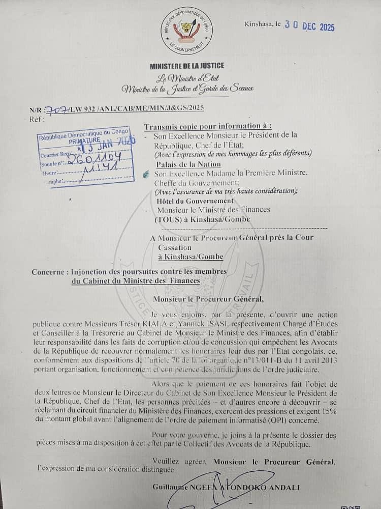 RDC : le ministre de la Justice saisit le procureur général pour des soupçons de corruption au ministère des Finances