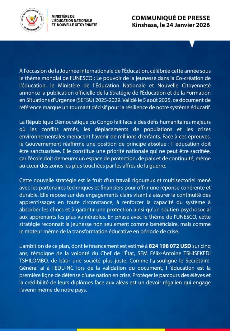 Zones en crise : la RDC adopte un plan de 824 millions USD pour protéger l’éducation