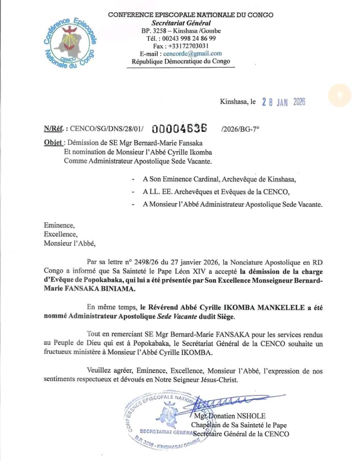 Église catholique : La CENCO annonce la démission de l’évêque de Popokabaka