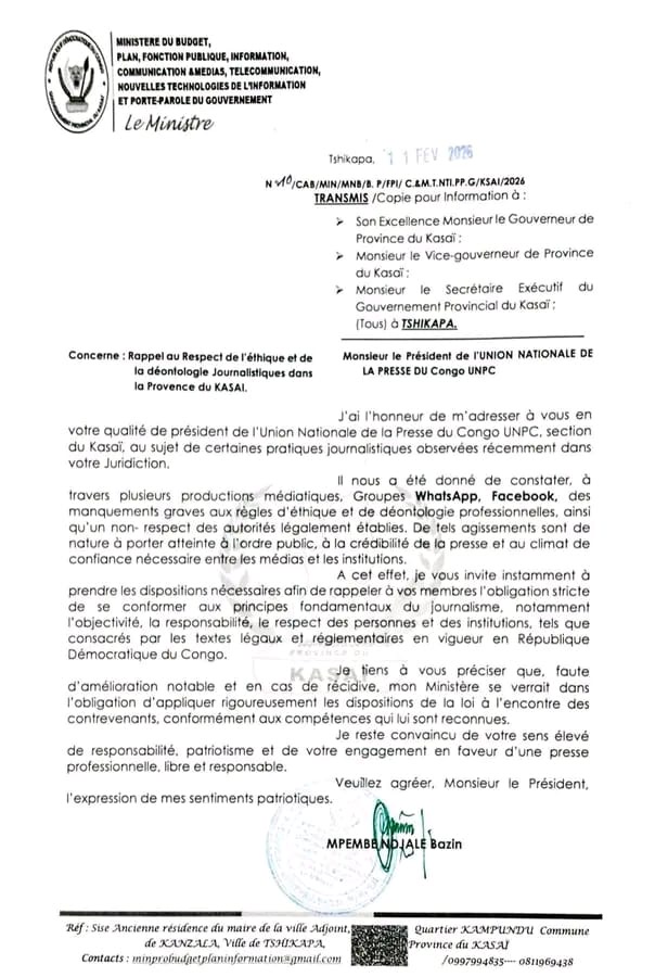 Kasaï : Le ministre de l’Information exhorte la presse au respect de l’éthique