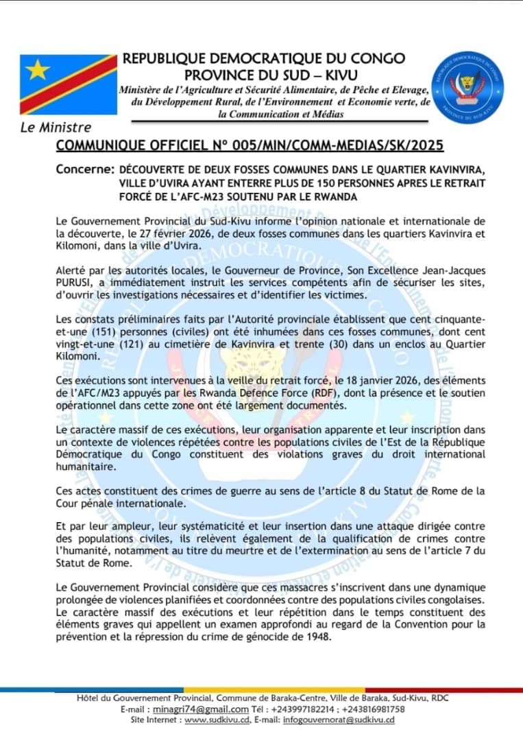 Sud-Kivu : Découverte de fosses communes à Uvira, plus de 150 civils présumés victimes de massacres