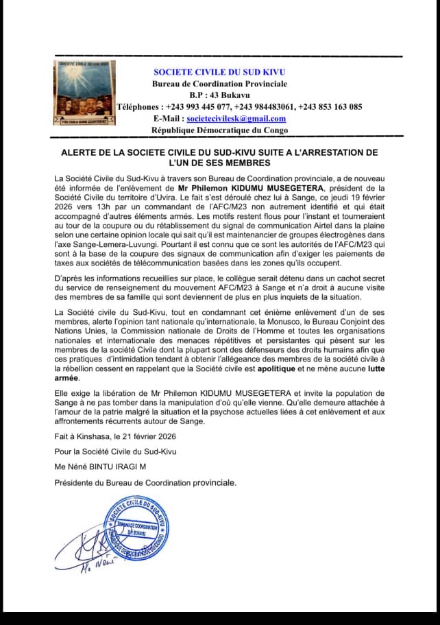 Sange : Un responsable de la société civile d’Uvira enlevé, inquiétude dans la plaine de la Ruzizi