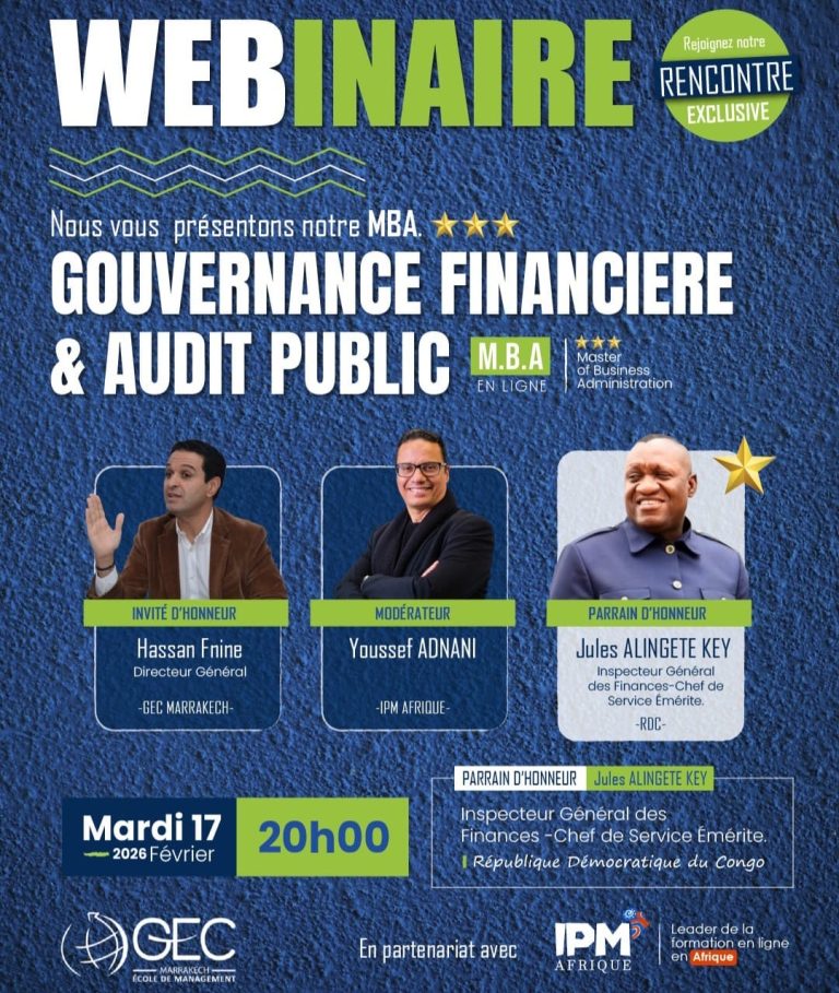 Jules Alingete Key parraine le webinaire MBA en Gouvernance financière et Audit public du GEC Marrakech ce mardi