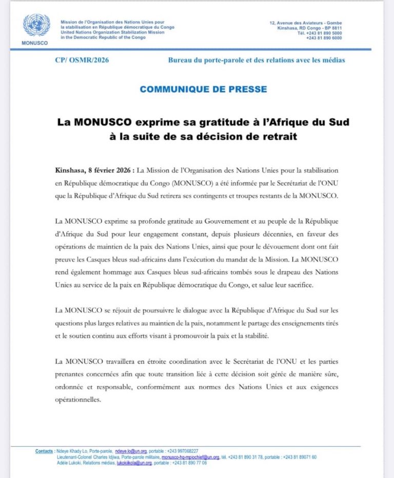 Retrait des troupes sud-africaines : La MONUSCO salue l’engagement de Pretoria en RDC