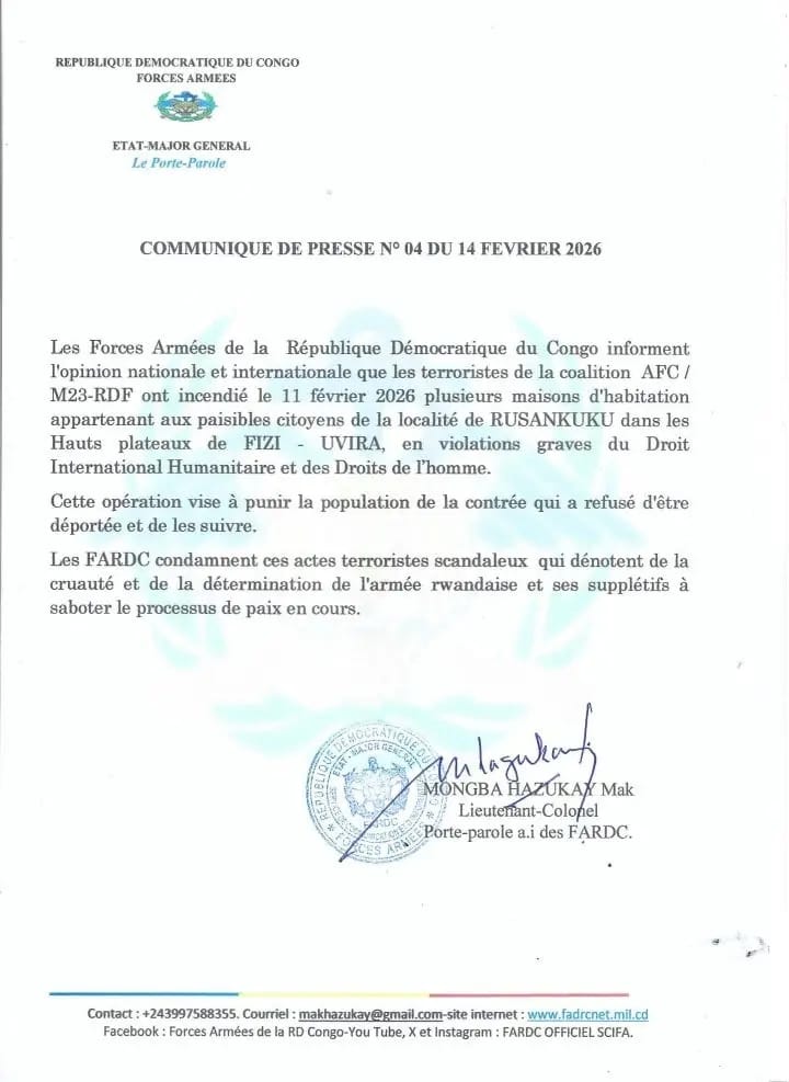 Sud-Kivu : Les FARDC accusent la coalition AFC/M23/RDF d&rsquo;incendier plusieurs maisons d&rsquo;habitation à Rusankunku