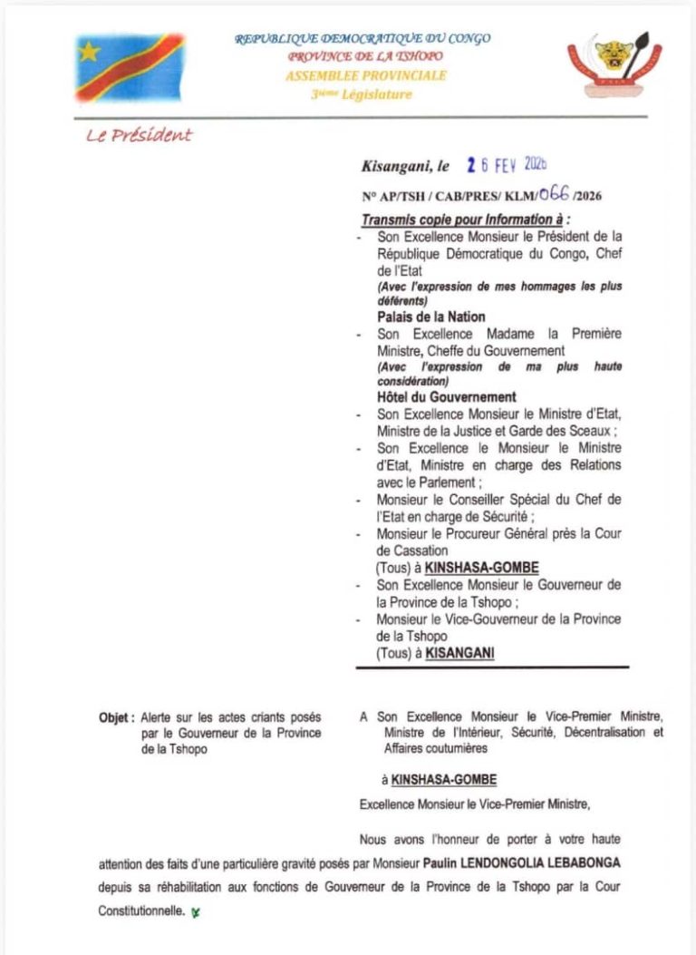 RDC : L’Assemblée provinciale de la Tshopo saisit le gouvernement central après des actes contestés du gouverneur