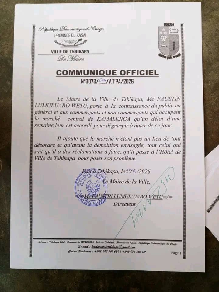 Tshikapa : la mairie accorde une semaine aux occupants pour quitter le marché central de Kamalenga