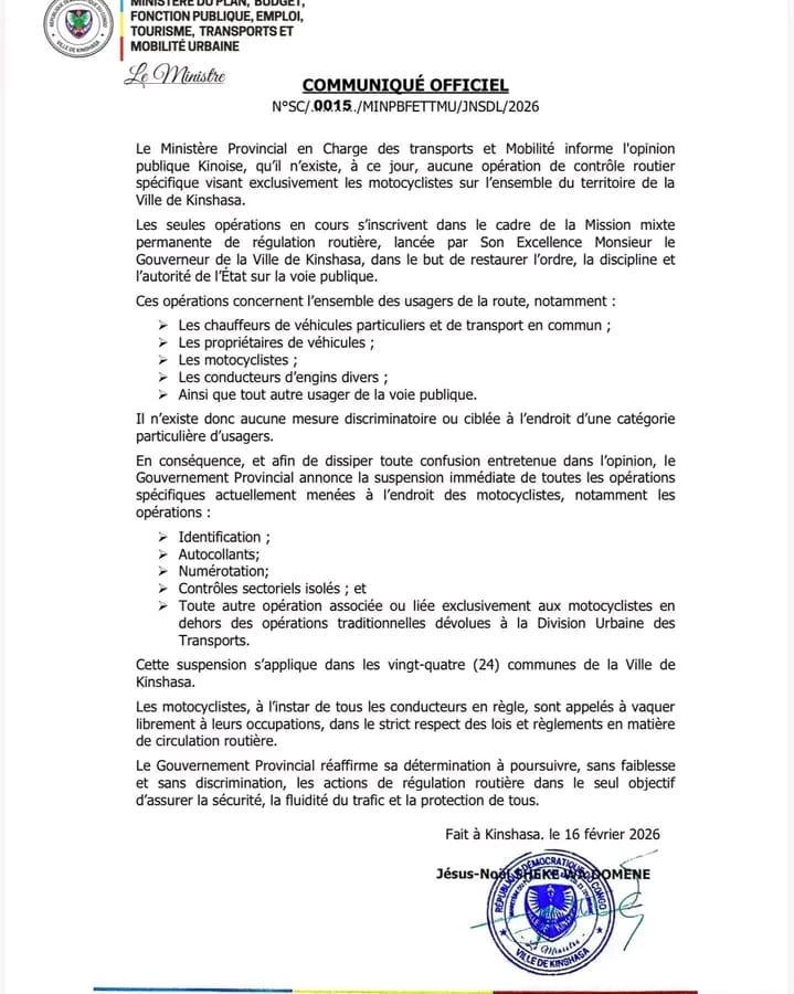 Kinshasa : le gouvernement provincial suspend les contrôles spécifiques des motocyclistes
