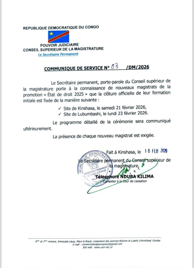 RDC : le Conseil supérieur de la magistrature annonce la fin de la formation des magistrats “État de droit 2025”