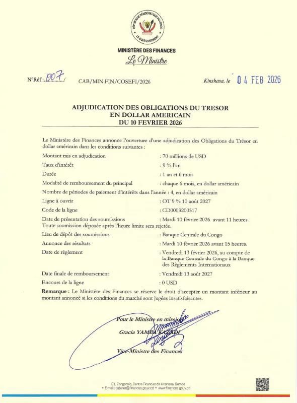 RDC : 70 millions USD d’obligations du Trésor mises en adjudication à un taux de 9 %