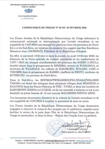 Est de la RDC : Les FARDC accusent l’armée rwandaise et le M23/AFC d’avoir relancé les combats les 18 et 19 février