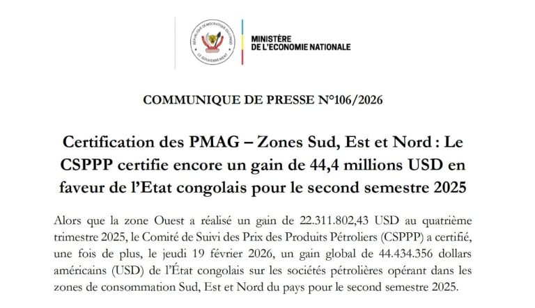 RDC : 66,7 millions USD certifiés en faveur de l’État dans le secteur pétrolier